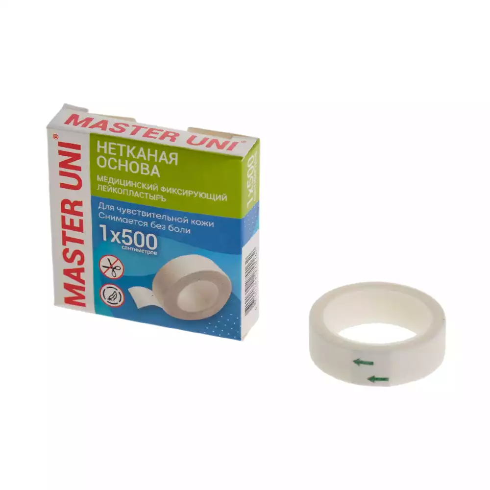 Лейкопластырь Master Uni на нетканой основе (целлюлоза), фиксирующий, размер 1см*500см, катушка в картонной коробке