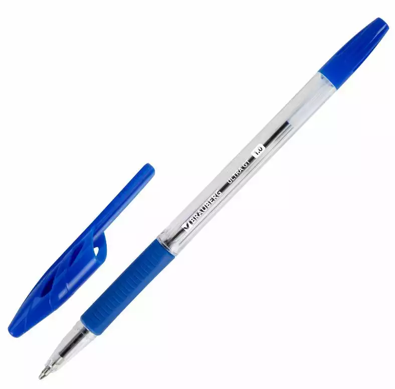 Ручка шариковая с грипом BRAUBERG "ULTRA GT", СИНЯЯ, корпус прозрачный, линия 0,5 мм